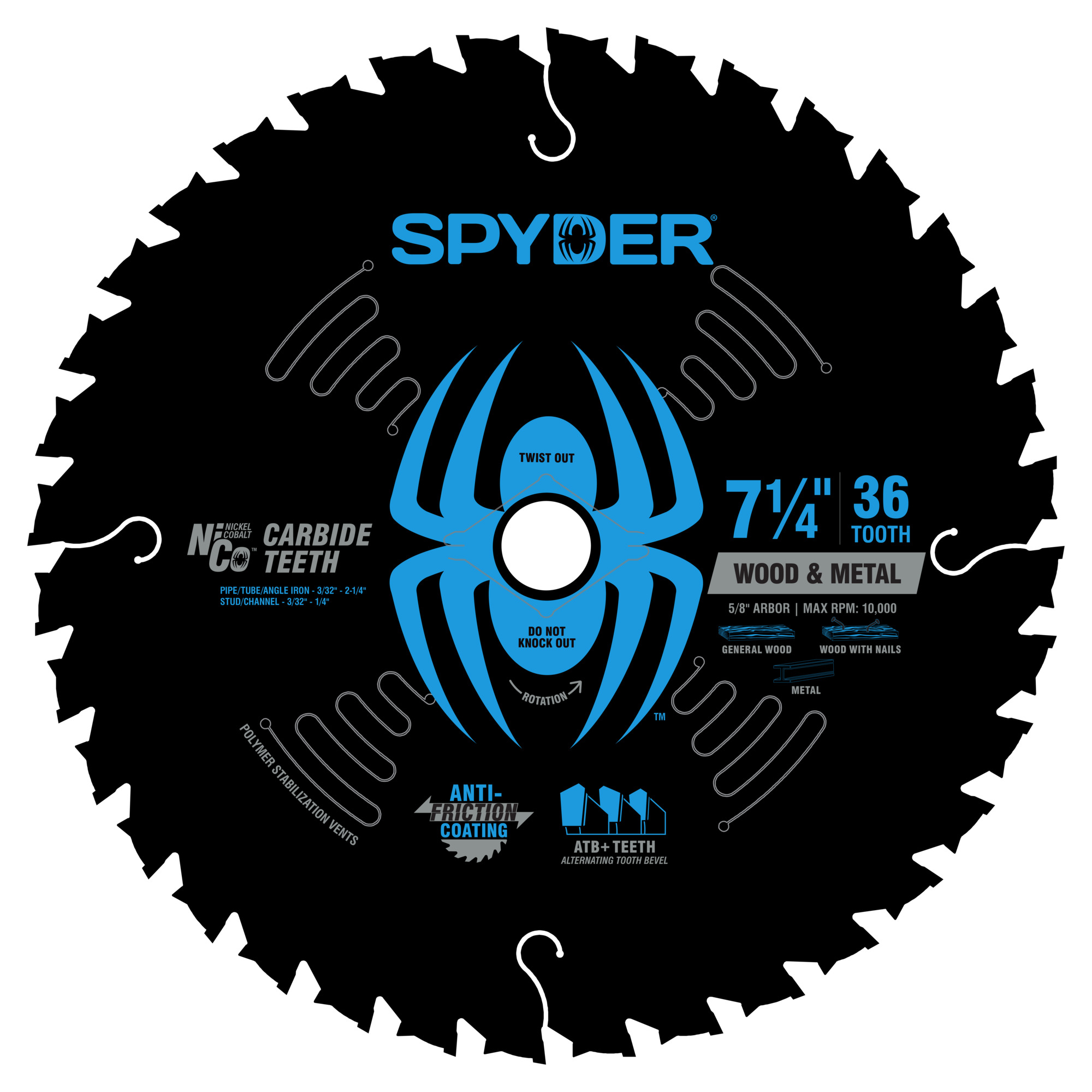 Spyder Circular Saw Blade — 7 1/4in. Dia., 36-Tooth, NiCo Carbide, Wood and Metal, Model# 13100